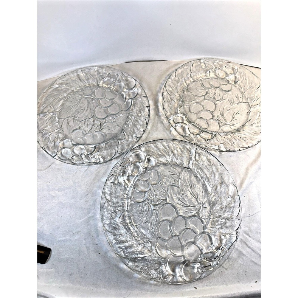 Vintage KIG Indonesia Set of 3 Clear Glass Embossed Grapes Dinner Plates 10 3/8"